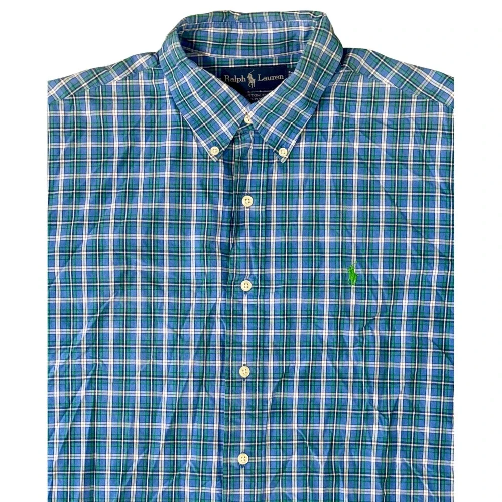 Ralph Lauren Mens Custom Fit Plaid Button Down Shirt Blue Green‎ 100% Cotton Lg